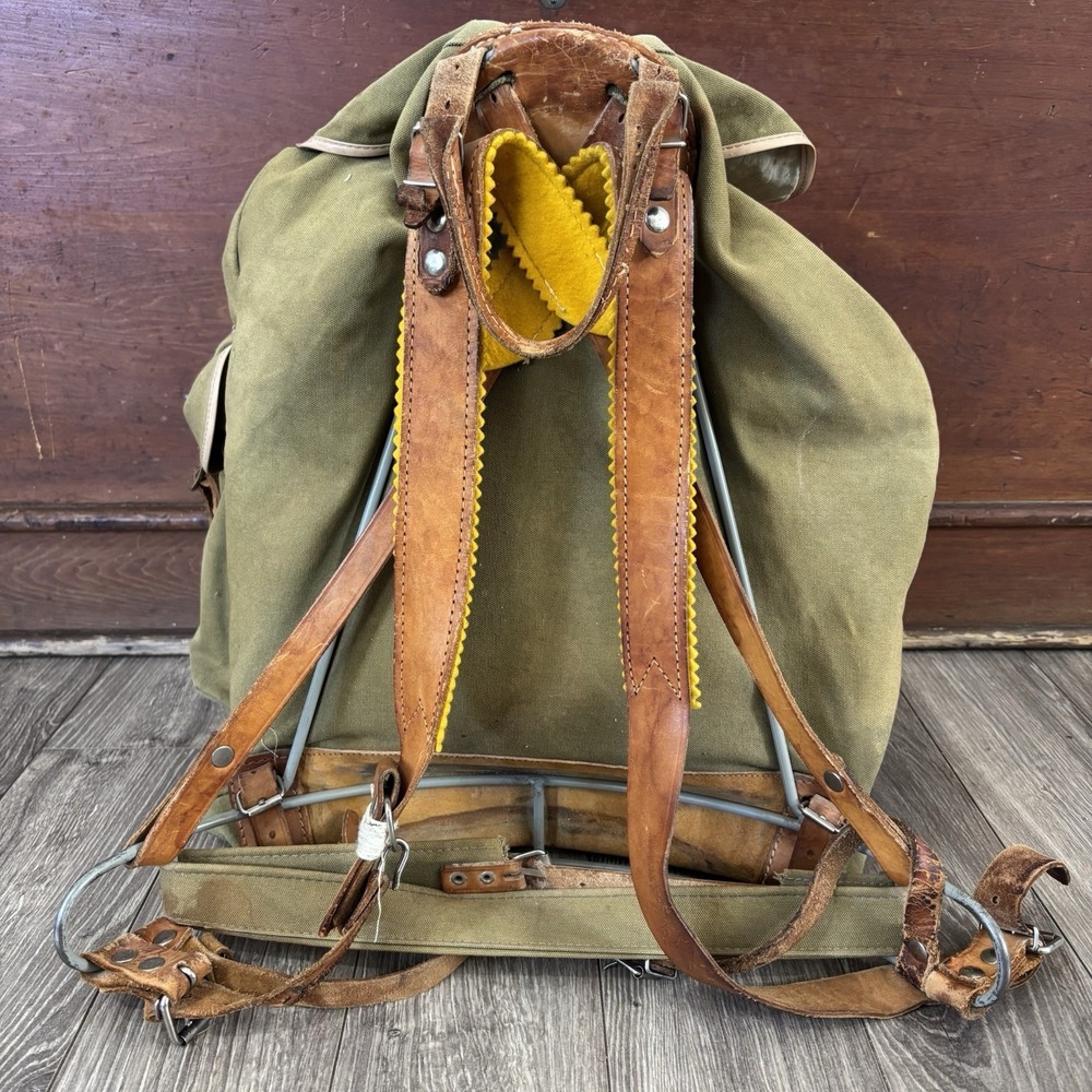Vintage Rare Army Military Metal Framed Canvas Leather Backpack Ruck Sack - Picture 3 of 16
